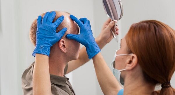 Mejores clínicas injerto capilar Madrid - Médico tricólogo de la mejor clínica injerto capilar Madrid evaluando a un hombre con alopecia avanzada