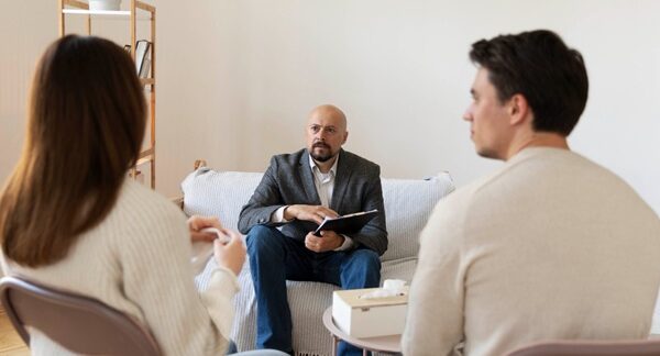 Psicólogos - Hombre y mujer en una consulta de psicología con uno de los mejores psicólogos en Madrid