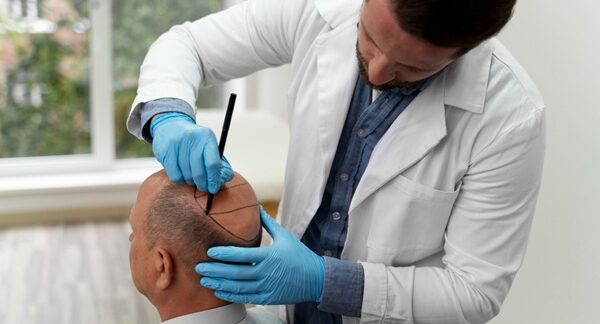 Tricólogos - Cirujano capilar reconocido como uno de los mejores doctores injerto capilar España realizando el boceto del injerto capilar a un hombre con alopecia avanzada