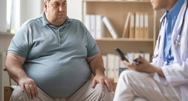Centros de obesidad - Médico atendiendo a un hombre con sobrepeso y obesidad que busca tratamiento para adelgazar en uno de los mejores centros de obesidad de Madrid