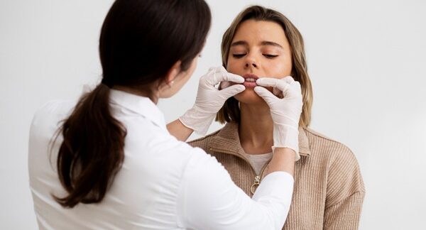 Relleno de labios - Médico estético evaluando los labios de una mujer para realizar un tratamiento en la mejor clínica ácido hialurónico Madrid