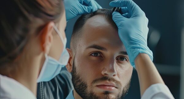 Médicos trasplante capilar - Tricólogo reconocido como el mejor cirujano capilar España evaluando el cuero cabelludo de un hombre con alopecia para un trasplante capilar Madrid
