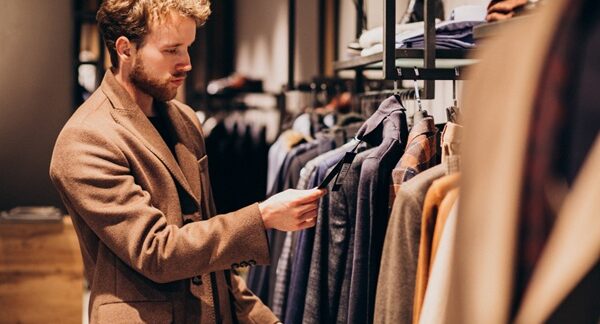 Ropa para hombre - Hombre en una tienda para caballero observando las prendas para comprar ropa en una de las mejores tiendas de ropa para hombre de Madrid