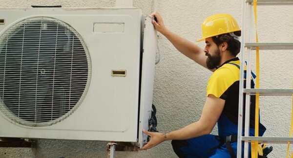 Mantenimiento de aire acondicionado - Técnico de una de las mejores empresas de mantenimiento de aire acondicionado en Madrid realizando la revisión aire acondicionado