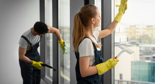Limpieza de ventanas - Equipo limpiador de cristales de una de las mejores empresas de limpieza de ventanas en Madrid realizando limpieza de cristales y ventanas a domicilio
