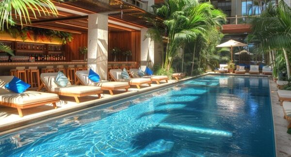 Hoteles con piscina climatizada - Área de las piscinas con cubierta interior en uno de los mejores hoteles con piscina climatizada en Madrid
