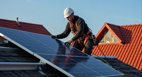 Instalación de sistemas fotovoltaicos - Trabajador de una de las mejores empresas de instalación de sistemas fotovoltaicos en Madrid instalando una placa solar residencial