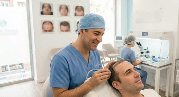 Injerto capilar España - Médico tricólogo de la mejor clínica injerto capilar España realizando un injerto capilar Madrid a un hombre con alopecia en las entradas