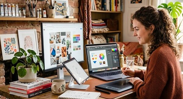 Diseñadores gráficos freelance - Mujer realizando un diseño gráfico freelance para un proyecto corporativo