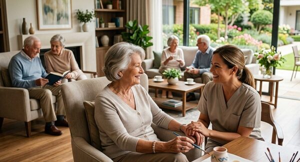 Geriátricos privados - Personas en una residencia para mayores en Madrid siendo atendidas por una enfermera especialista en geriatría
