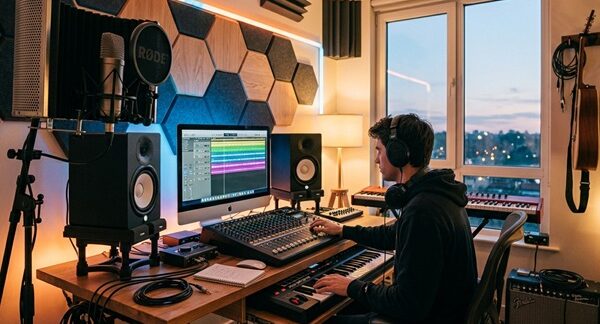 Estudios de grabación casera - Productor realizando arreglos a una producción musical en el mejor estudio de grabación casero en Madrid
