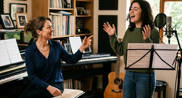 Profesores de canto - Profesora dando clases de canto a una estudiante en la mejor escuela de canto de Madrid