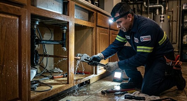Fontaneros urgentes - Fontanero 24h realizando un trabajo de fontanería a domicilio en Madrid