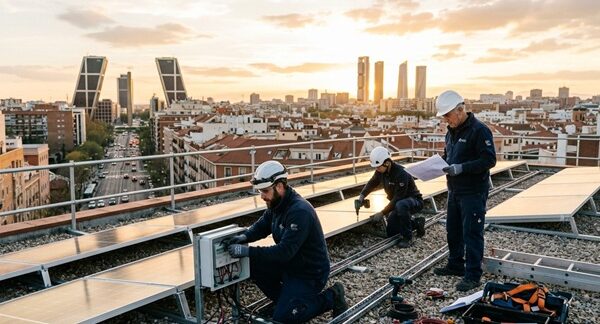 Especialistas en energía solar - Equipo de una de las mejores empresas solares en Madrid realizando la instalación de un servicio de energía solar