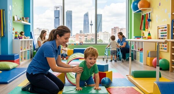 Fisioterapia pediátrica - Fisiopediatra realizando fisioterapia infantil a un niño en Madrid