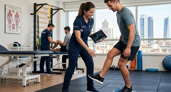 Medicina del deporte - Doctor del deporte evaluando a un hombre con una lesión muscular para aplicar medicina deportiva en Madrid