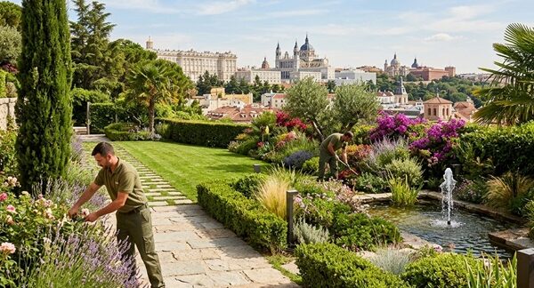 Servicios de paisajismo - Trabajadores de una empresa de asesoramiento en paisajismo arreglando las plantas de una terraza paisajista en Madrid